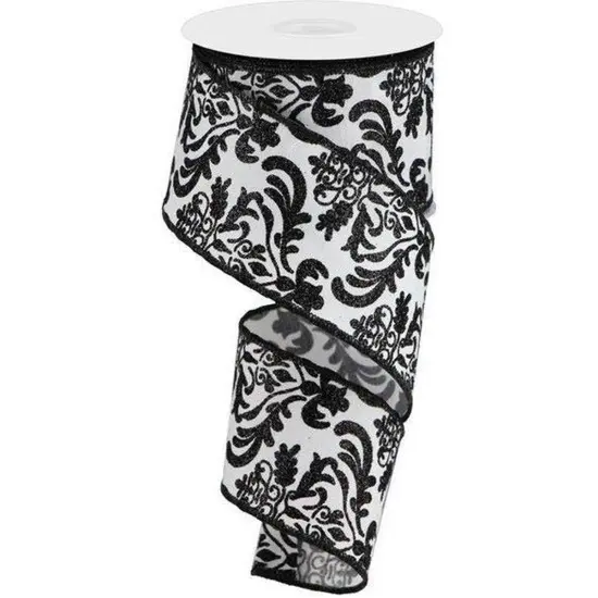 2.5" Faux Dupioni Damask Ribbon: Black & White (10 Yards) {1}