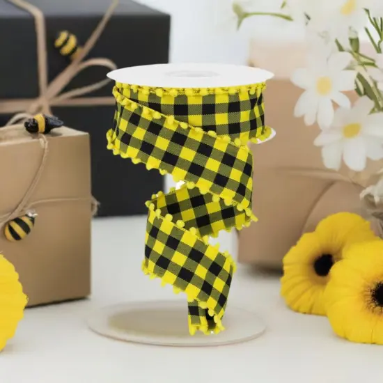1.5" Check with Poms Ribbon: Yellow (10 Yards) {4}