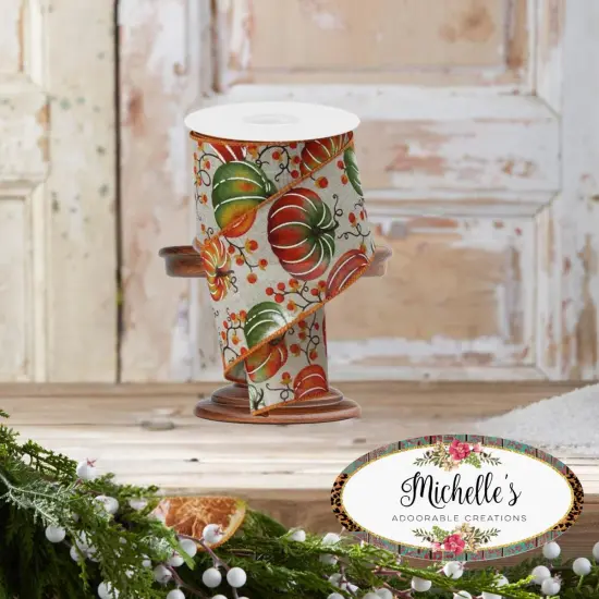 2.5" Pumpkins Bittersweet Ribbon: Light Natural/Rust (10 Yards) {5}