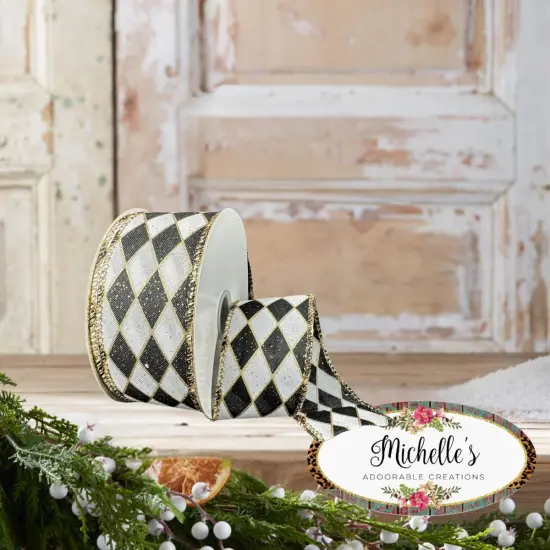 1.5" Antique Harlequin Ribbon: Black (10 Yards) {2}