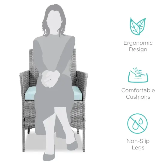 Best Choice Products 3-Piece Outdoor Wicker Conversation Patio Bistro Set, w/ 2 Chairs, Table Gray/Pastel Blue {2}