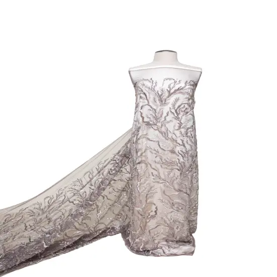 1 Yard Embroidered Lace Fabric Beaded & Sequined with Rich Design, 50/52&Prime; Wide Teupe/ Plum {6}