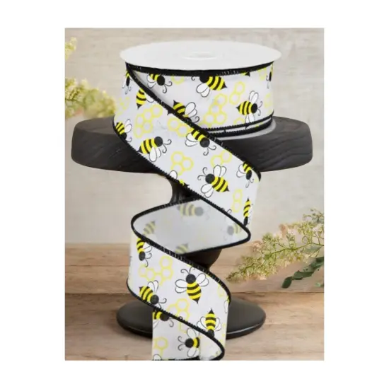 1.5" Mini Bumblebees on Royal Ribbon: White (10 Yards) {3}
