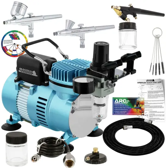 Cool Runner II Dual Fan Air Compressor Airbrushing System Kit with 3 Airbrushes, Gravity and Siphon Feed - Holder, Color Mixing Wheel, How-To Guide {1}