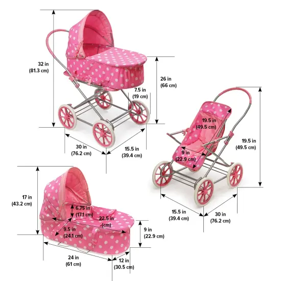 Badger Basket Just Like Mommy 3-in-1 Doll Pram/Carrier/Stroller Pink/Dot {4}
