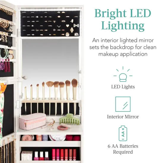 Best Choice Products Hanging Mirror Jewelry Armoire, Door or Wall Mounted Cabinet w/ LED Lights, Lock Coastal White {3}