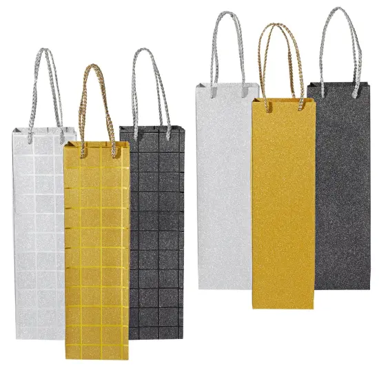 6 Pack Foiled Glitter Wine Bottle Gift Bags with Handles for Holidays, New Years, Birthdays (Silver, Black, Gold, 3.8 x 14 x 3.3 In) {5}