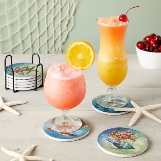 Set of 8 Ocean Animal Ceramic Table Coasters for Drinks with Holder and Cork Base (4 In) Multicolor {2}