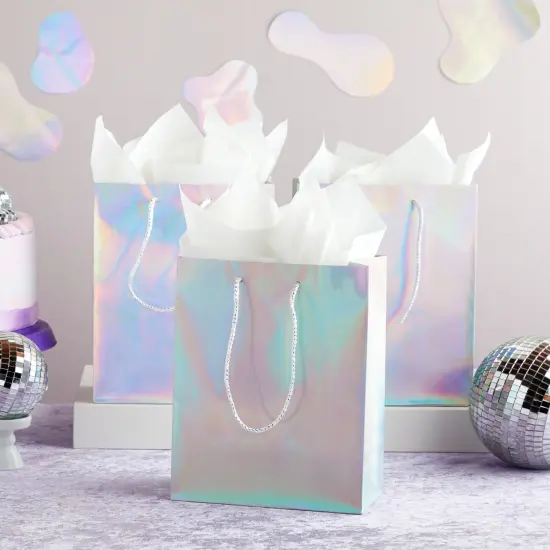 24 Pack Holographic Silver Gift Bags with Handles, 8x4x10 Inch for Wedding, Birthday, Retail, Small Business, Shopping {2}