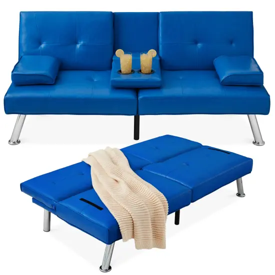 Best Choice Products Modern Faux Leather Convertible Futon Sofa w/ Removable Armrests, 2 Cupholders Royal Blue {1}
