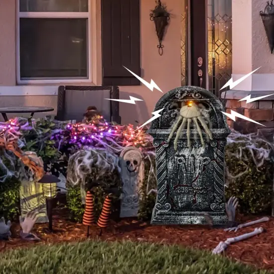 Lighted Gravestone with Creepy Voice Spooky Skeleton Retractable Light Up Arm {5}