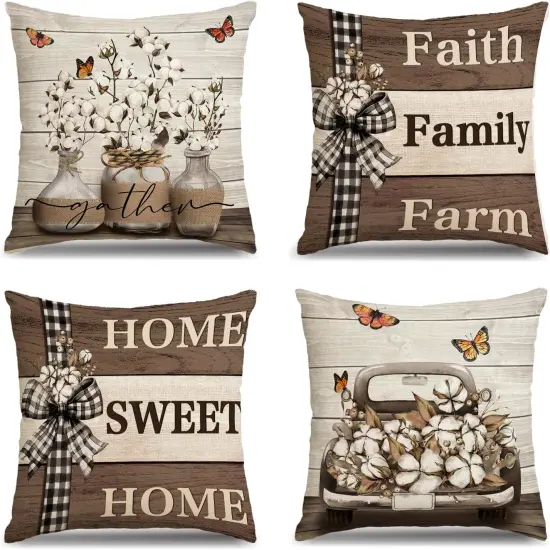 Farmhouse Pillow Covers 18x18 Inch Set of 4 Home Sweet Home Brown Throw Pillow Covers Truck Stripes Buffalo Plaid Outdoor Decor Farmhouse Mothers Day Pillowcase Cushion Case for Sofa Couch {1}