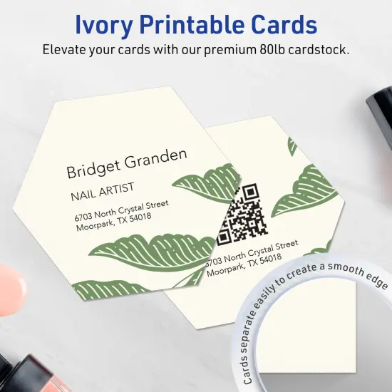 Avery Printable Hexagon Business Cards, Sure Feed Technology, 2-1/2" x 2-9/10", Matte Ivory Cardstock, Print-to-The-Edge, Laser/Inkjet Printable, 60 Total {9}