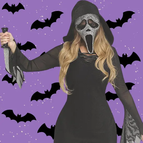 Women&rsquo;s Black Sparkle Ghost Face Bling Mini Dress Costume {5}