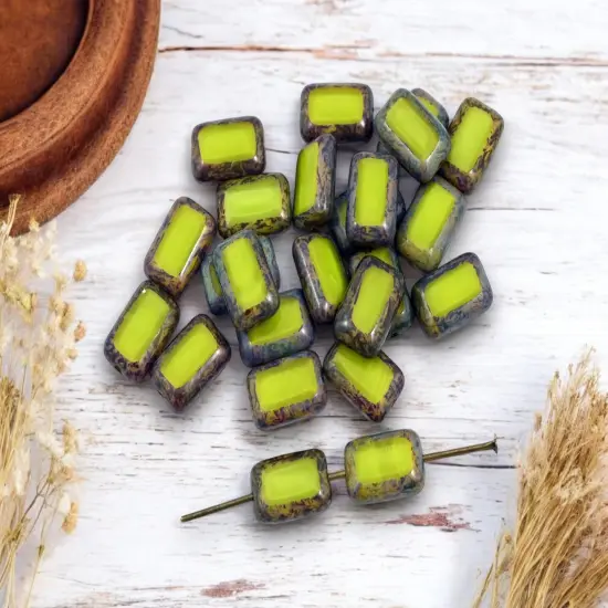 *24* 8x12mm Charteuse Silk Picasso Table Cut Rectangle Beads {2}