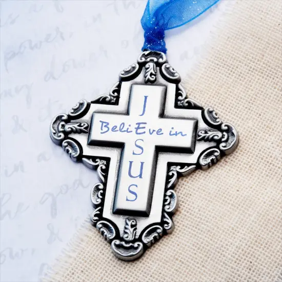 Gloria Duchin Believe in Jesus Cross Pewter Christmas Ornament {1}