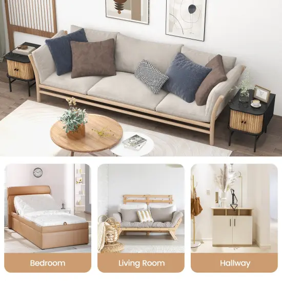 Costway Sliding Door Nightstand Mid-century Modern Storage End Table with Cabinet Black/Distressed White {12}