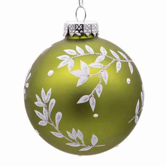 Kurt Adler 80MM Green Leaf Design Ball Ornaments, 6 Piece Set {2}