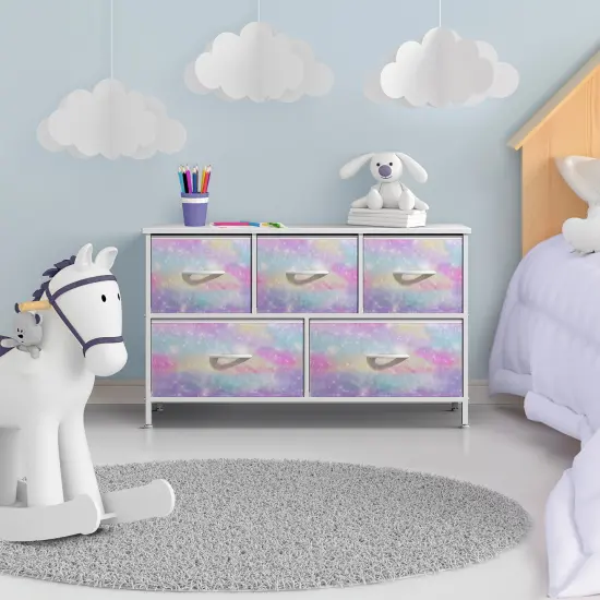 Sorbus Dresser with 5 Drawers - Storage Chest Organizer Unit with Steel Frame, Wood Top, Easy Pull Fabric Bins - Long Wide TV Stand for Bedroom Furniture, Hallway, Closet & Office Organization Rainbow sparkle {6}