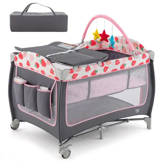 Babyjoy 3 in 1 Baby Playard Portable Infant Nursery Center w/ Zippered Door Pink/Grey/Pink & White/Green {10}
