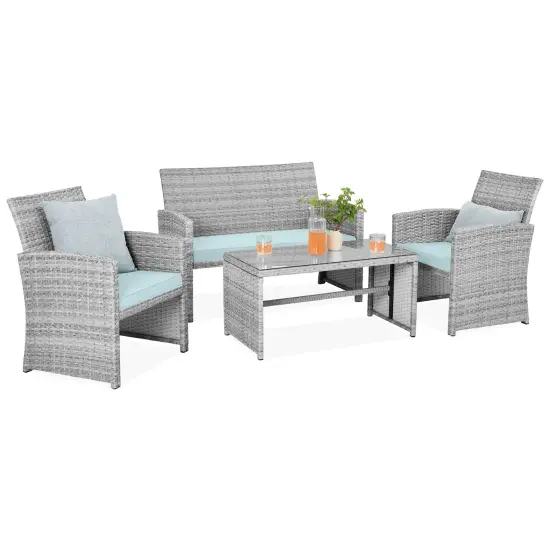 Best Choice Products 4-Piece Outdoor Wicker Patio Conversation Furniture Set w/ Table, Cushions Gray/Pastel Blue {1}