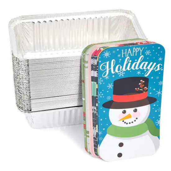 50 Pack Christmas Aluminum Foil Pans with Paper Lids, 32oz Baking Tins Containers, Fun Festive Foil Loaf Pan with Lid for Winter Holiday Xmas Season Baking Breads (8.5 x 2.5 x 4.5 In) Multicolor {5}