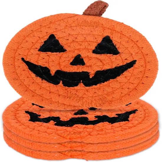 4Pcs Halloween Pumpkin Handmade Braided Cotton Coasters, 4.7 Inch {1}