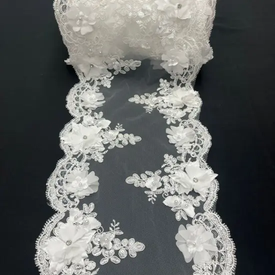 3 Yard Sequin 3D Lace Fabric 22.86 cm Wide Mesh with Pearls, Beads & Embroidery 100% Polyester White {1}