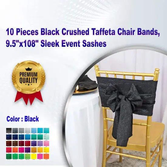 10 Pieces Black Crushed Taffeta Chair Bands, 9.5"x108" Sleek Event Sashes {1}