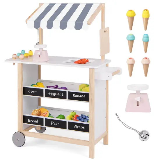 Costway Kids Ice Cream Cart Wooden Toddler Farmers Market Stand with Chalkboard & Storage White/Green {7}