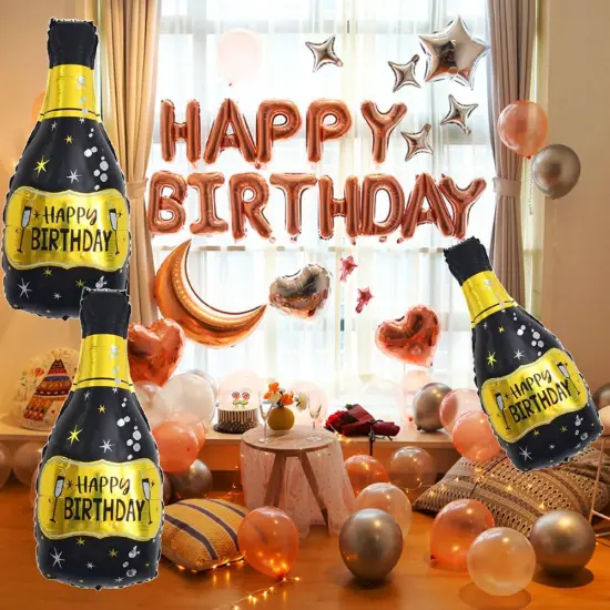 3 Pcs -Champagne Bottle Balloons Black Gold Bottle Foil Mylar Balloons {5}