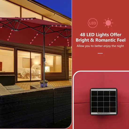 Costway Outdoor 15' Double-Sided Patio Umbrella 48 Solar LED Lights Crank & Base {6}