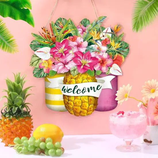 Summer Welcome Door Decoration Pineapple Mason Jar Welcome Wooden Sign Farmhouse Holidays Wall Decor with Rope for Home Front Door Porch Outdoor {4}