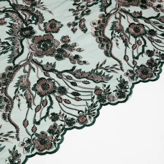 1 Yard Embroidered Beaded and Sequined Lace Fabric with Floral Pattern 50/52&Prime; Wide Hunter Green {1}