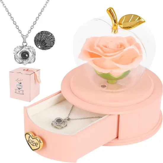 Apple-Shaped Preserved Real Rose Box with Necklace {1}