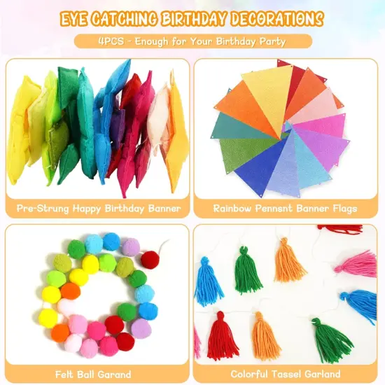 4PCS Pre-Strung Happy Birthday Banner - Felt Happy Birthday Garland, Ball Garland, Felt Pennant Flag, Colorful Thread Tassel Rainbow Party Decorations for Women Men Kids {3}