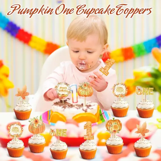 48 Pcs Pumpkin One Cupcake Toppers Pumpkin Baby shower Decorations 1st Birthday Cake {2}