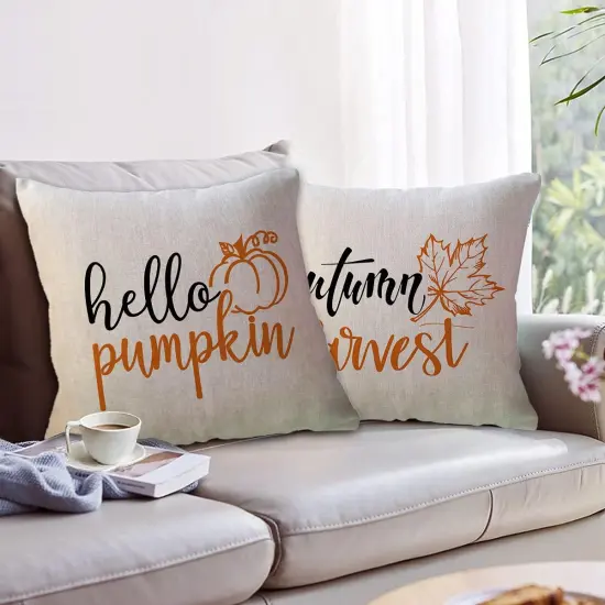 Set of 2 Fall Throw Pillow Covers Pumpkin/Maple Leaves 20x20inch {4}