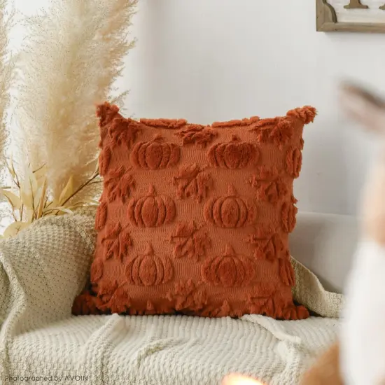 Set of 2 Fall Pumpkin Maple Leaves Caramel Throw Pillow Covers 20 x 20 Inch {5}