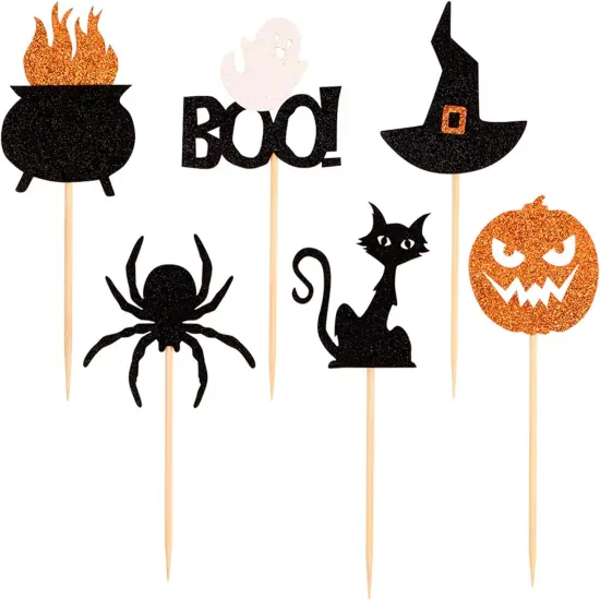 36 Pack Halloween Cupcake Toppers Witch Hat Spider Pumpkin {2}