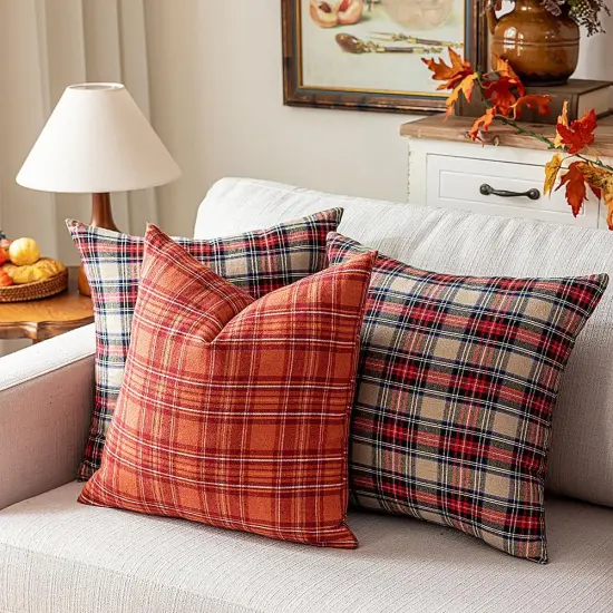 Set of 2 Burnt Orange Fall Tartan Plaid Throw Pillow Covers 20 x 20 {3}
