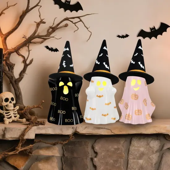 Set of 3 Ceramic Halloween Ghosts with Witch Hats {4}