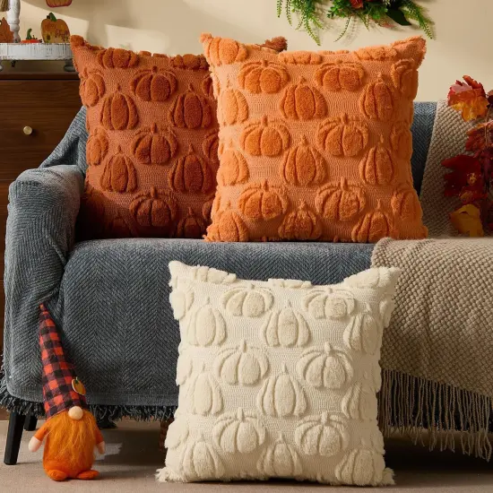 Set of 2 Fall Orange Pumpkin Throw Pillow Covers 20x20 {5}