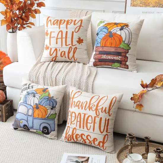 Set of 4 Fall Decorative Throw Pillow Covers 16x16 Inch {2}