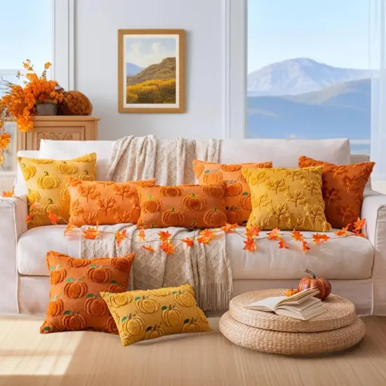 Set of 2 Fall Pumpkin Rust Throw Pillow Covers 20x20 {5}