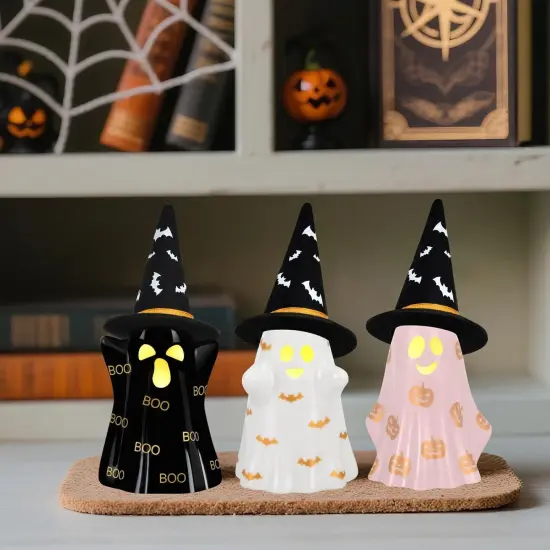 Set of 3 Ceramic Halloween Ghosts with Witch Hats {2}
