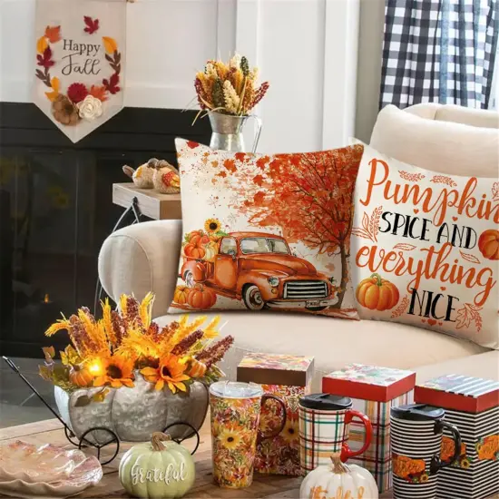 Set of 4 Fall Orange Truck Pumpkin Pillow Covers 20x20 {3}