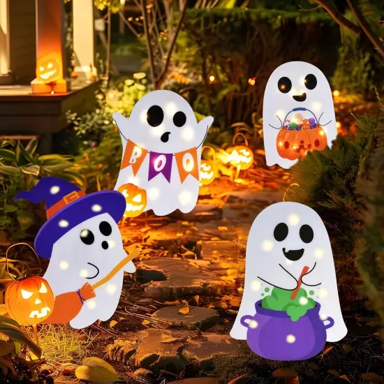 4 Packs Halloween Decorations Outdoor Scary Witch Pumpkin Boo Signs with Lights {6}