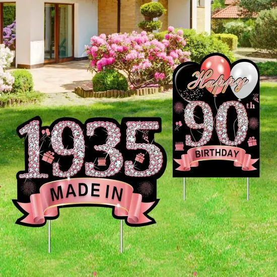2Pcs Rose Gold 90th Birthday Yard Sign Decoration for Women, Happy 90th Birthday Made in 1935 Lawn Sign Party Supplies, Ninety Year Old Yard Decor Stakes {1}