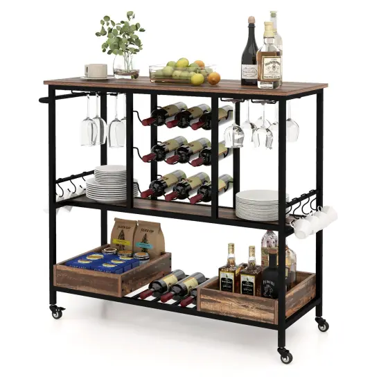 3 Tiers Bar Cart on Wheels with Glass Racks Brown {4}